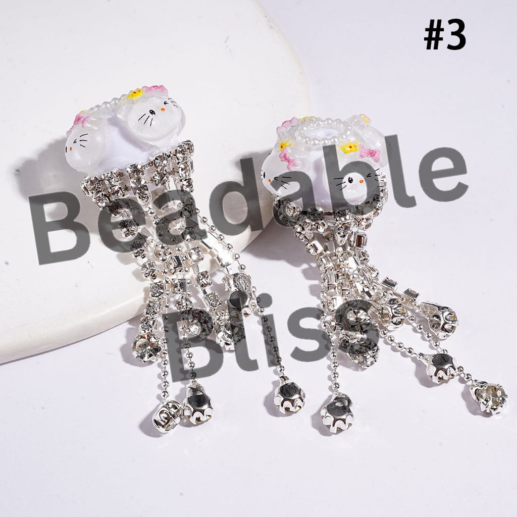Handcrafted Acrylic Beads with Various Adorable Character Decorations, Clear Rhinestone Tassel Chains & White Pearl Loop