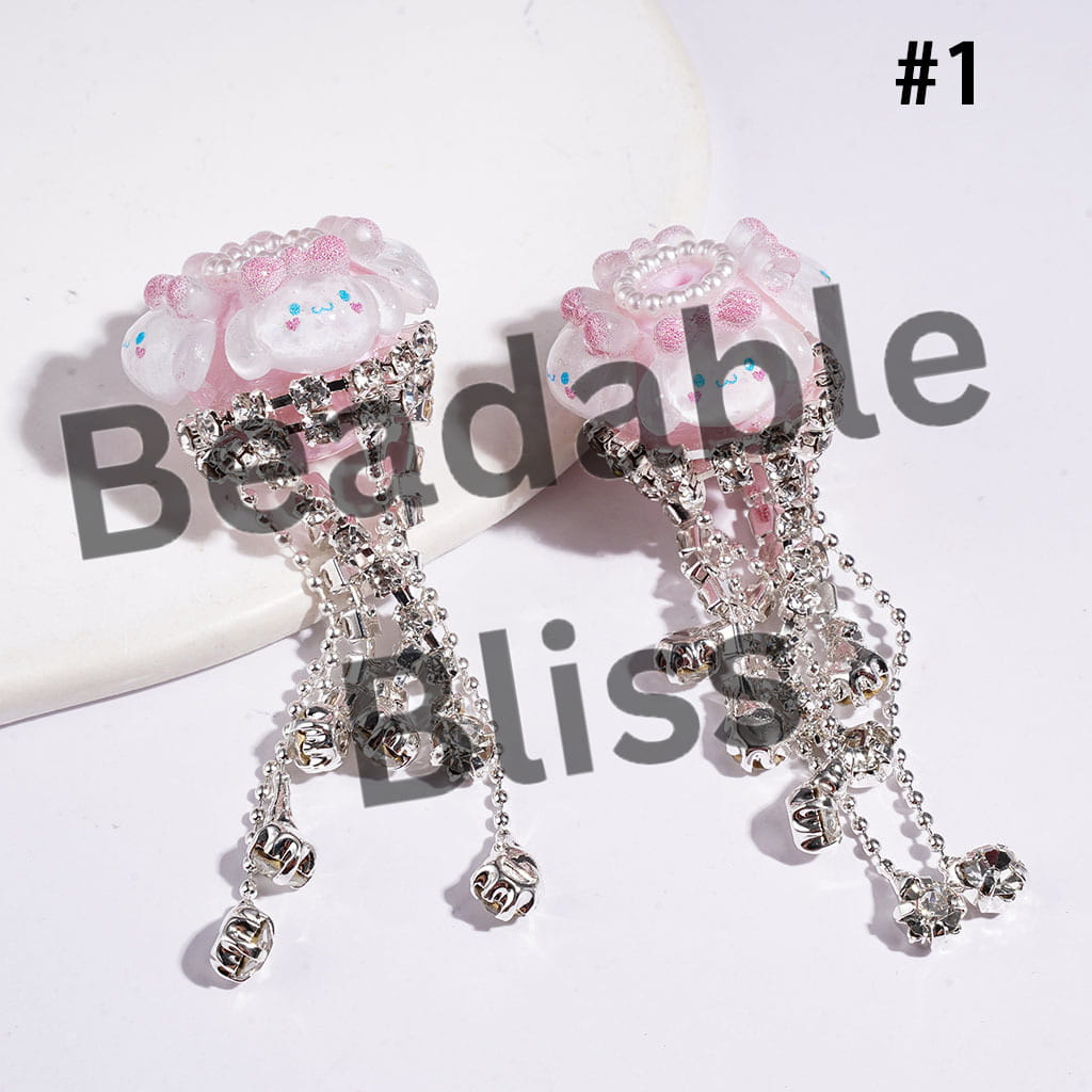 Handcrafted Acrylic Beads with Various Adorable Character Decorations, Clear Rhinestone Tassel Chains & White Pearl Loop