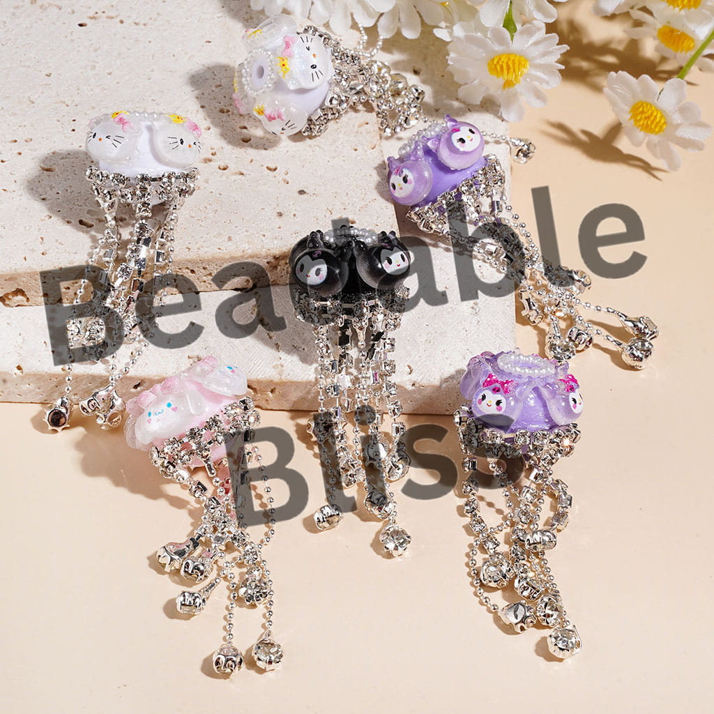 Handcrafted Acrylic Beads with Various Adorable Character Decorations, Clear Rhinestone Tassel Chains & White Pearl Loop
