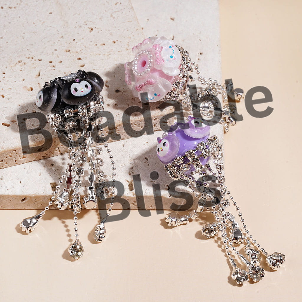 Handcrafted Acrylic Beads with Various Adorable Character Decorations, Clear Rhinestone Tassel Chains & White Pearl Loop