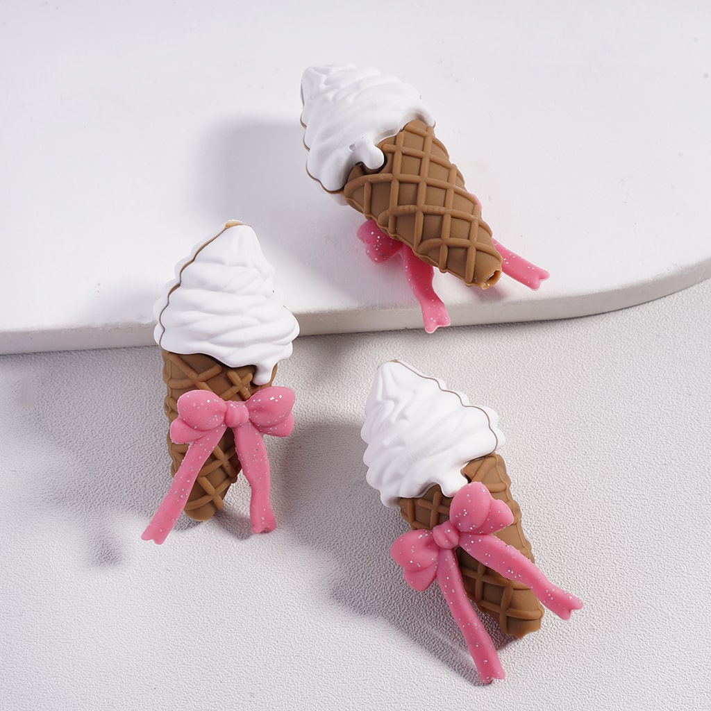 3D Vanilla Ice‑Cream Dessert Cone with Pink Bowtie Silver Glitter Silicone Focal Beads