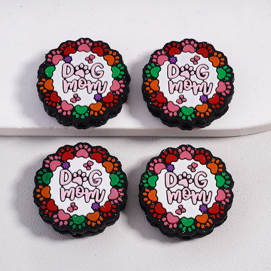 Multicolor Dog Mom Paw Prints Circle Design Round Silicone Focal Beads