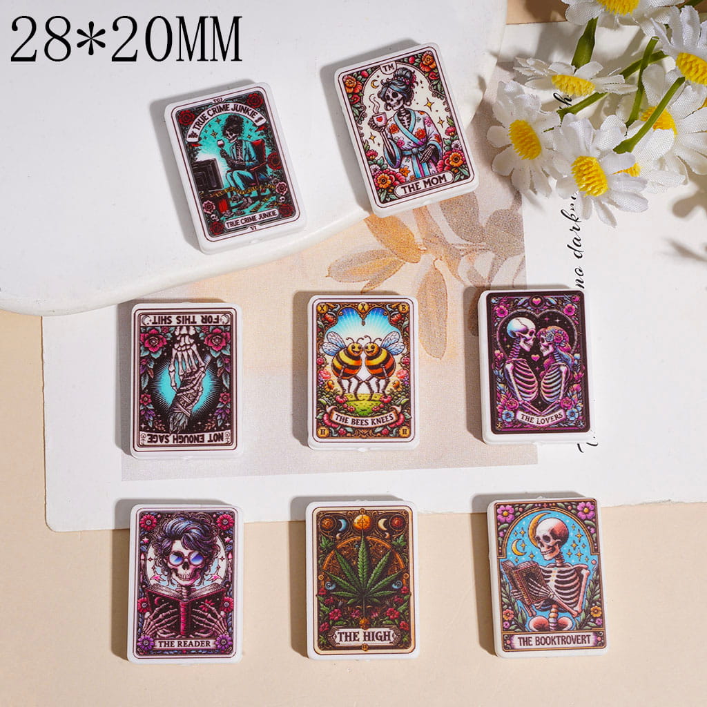 Silicone Focal Beads Magic Cards Series with Skull Leaf Bee Text, Flat Rectangle Shape, 28*20MM Random Mix