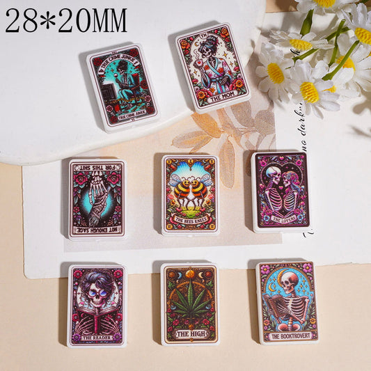 Mystical Magic Card Series Silicone Focal Beads with Skull, Leaf, Bee & Text Details, Flat Rectangle Shape, 28×20MM, Variant Designs, Random Mix
