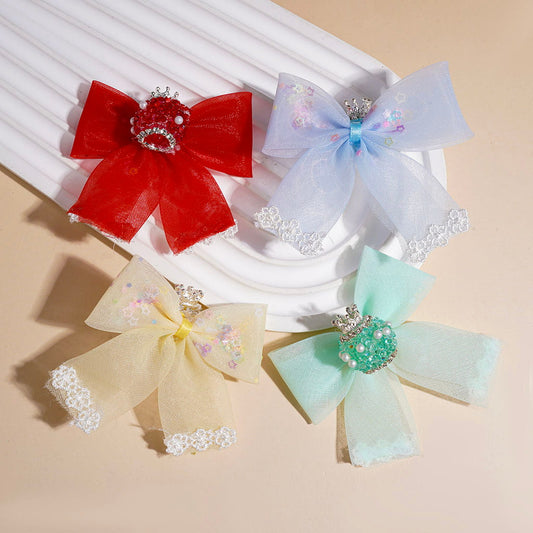 Silver Alloy Crown & Sparkling Rhinestones, White Pearls & Lace Bowknot with Star Sequins, Handmade Acrylic Sugar Beads, Multi-Color Random Mix