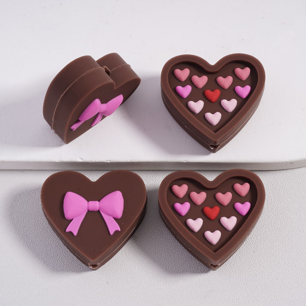 3D Heart‑Shaped Chocolate Box with White & Red Rose, Pink Hearts with Bowtie Valentine’s Day Silicone Focal Beads