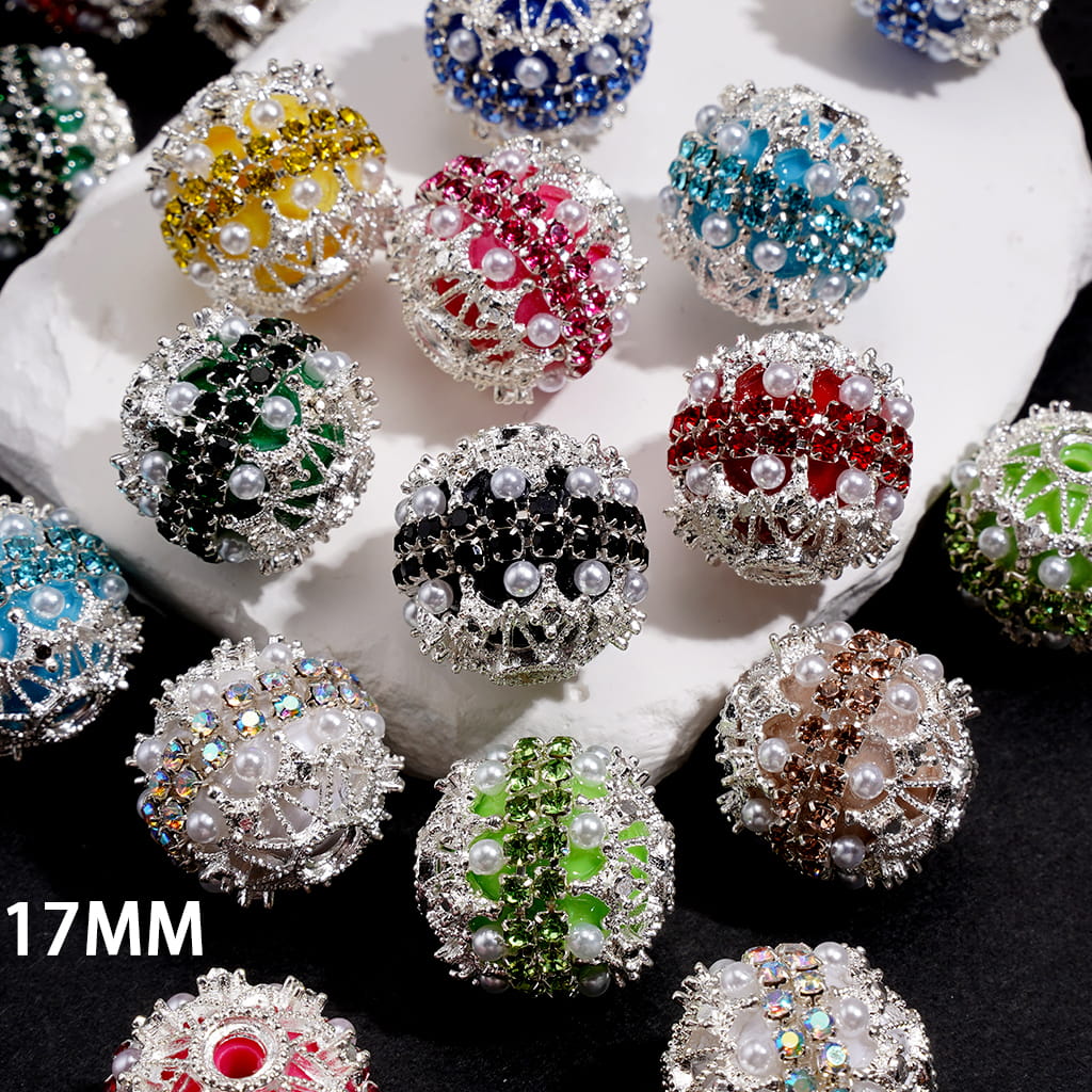 Hand Made Acrylic Beads w Silver Filigree, Double Layer Pearls & Clear Rhinestone Chain, 17MM, Multi-Color