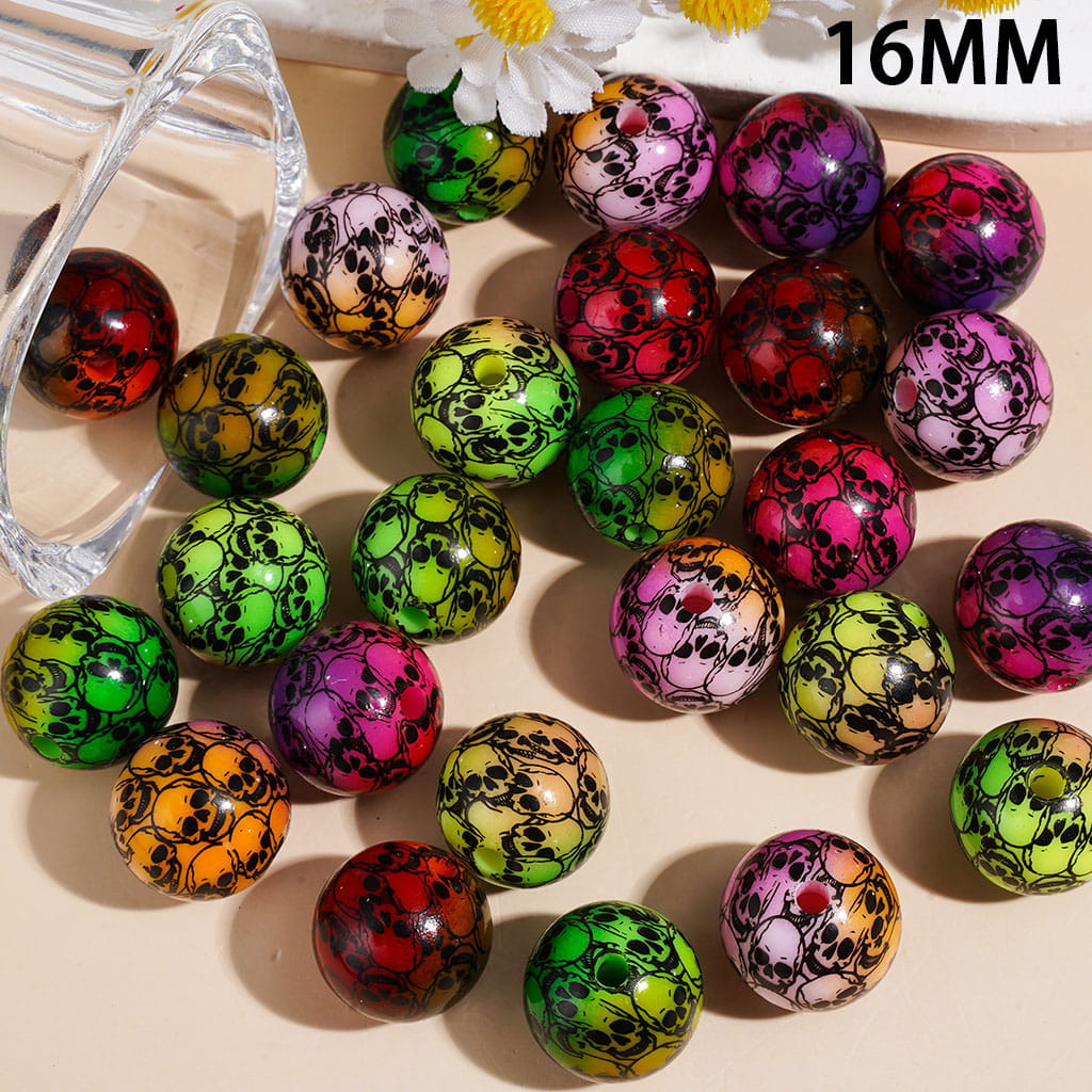 Acrylic Beads for Bracelets Scary Skull Head Prints, 16MM, Ombre Colors, Random Mix
