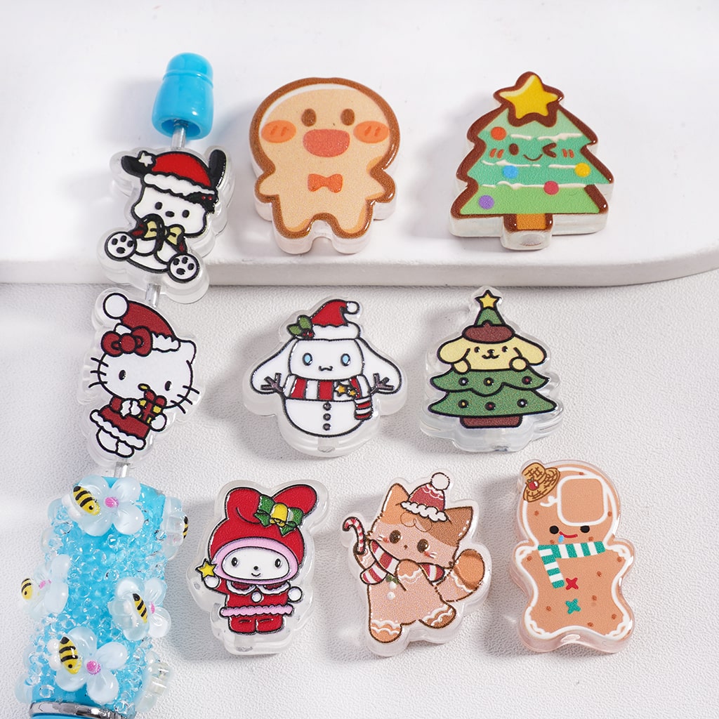 Hand‑Drawn Cute Cat Characters & Her Friends Christmas Style Acrylic Beads Different Shapes and Design Prints, Random Mix