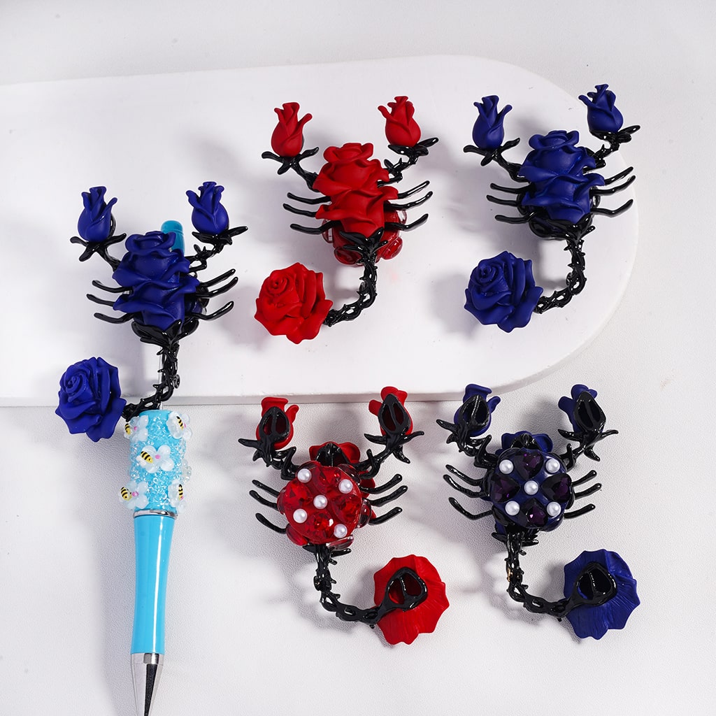 Metal Alloy Blue & Red Scorpion in Rose Flower Shape, White Pearls & Rhinestones Valentine’s Day Clay Beads