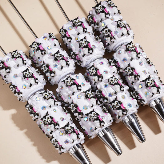 Cute Black & White Cat Character Beadable Clay Pens with AB Rhinestones
