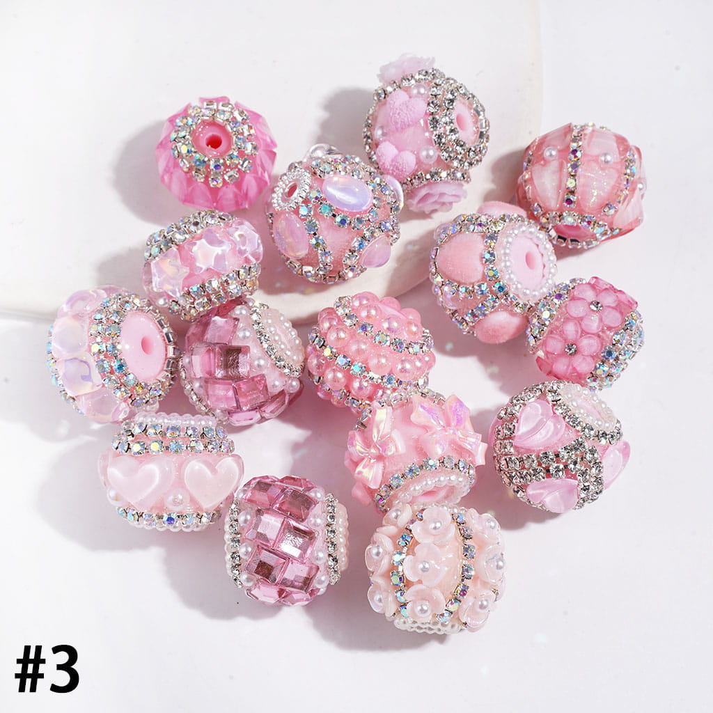 Adorable Sparkling Crystal, Flower and Fluffy Flocked Trim with White Pearls, Clear and AB Rhinestone Chains Handmade Acrylic Beads Series
