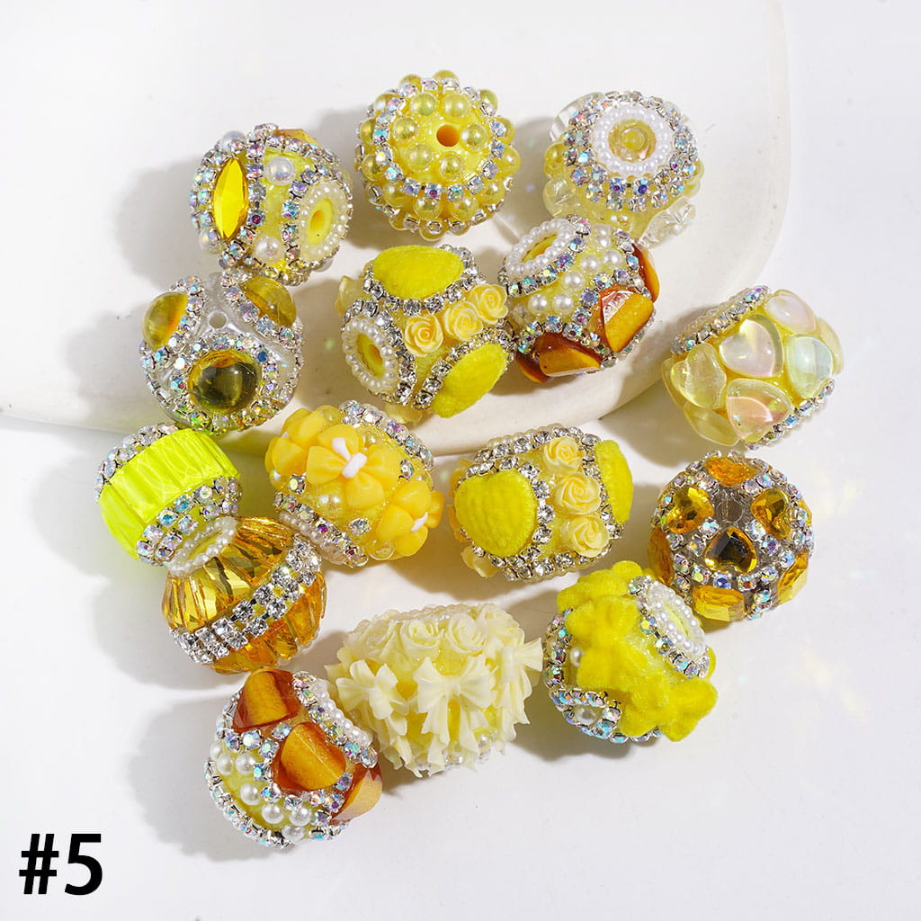 Adorable Sparkling Crystal, Flower and Fluffy Flocked Trim with White Pearls, Clear and AB Rhinestone Chains Handmade Acrylic Beads Series