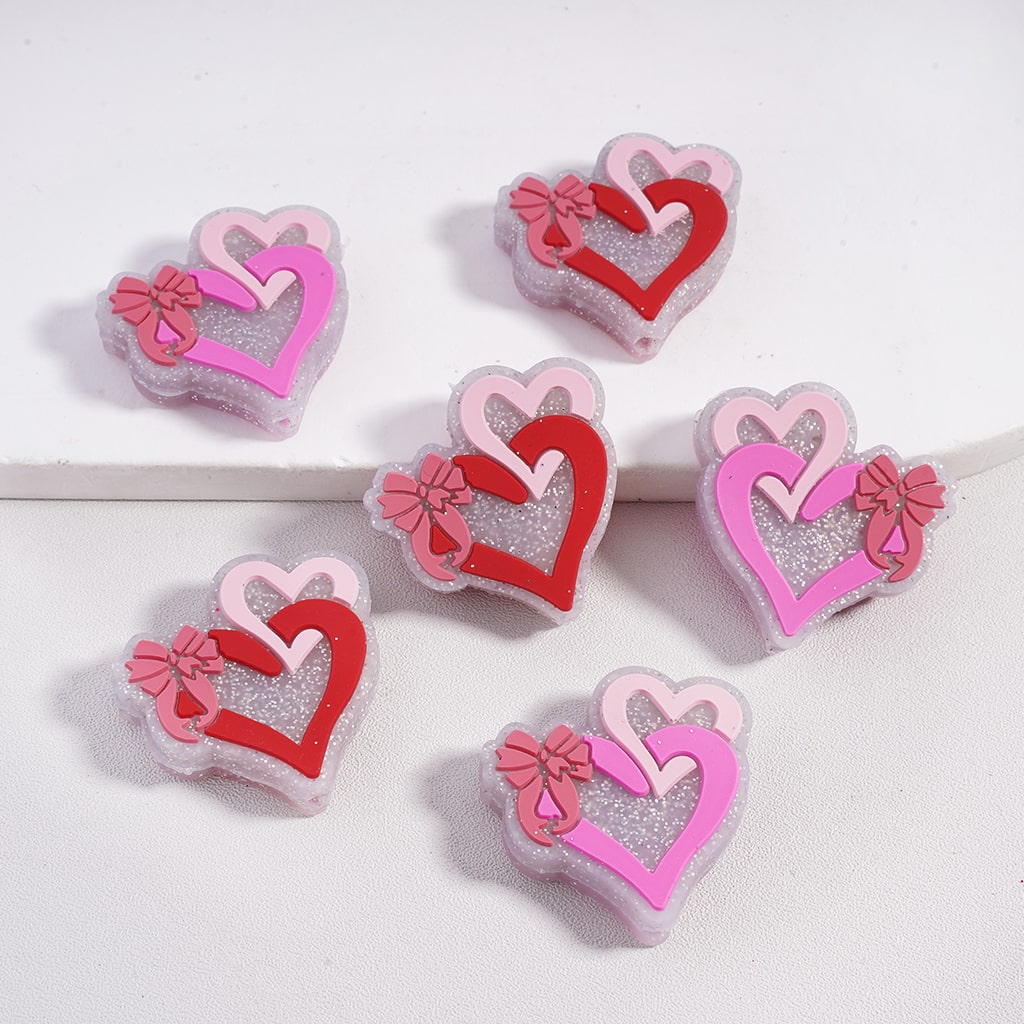 Double-Ring Heart Bow Charm Valentine’s Glitter Silicone Focal Beads