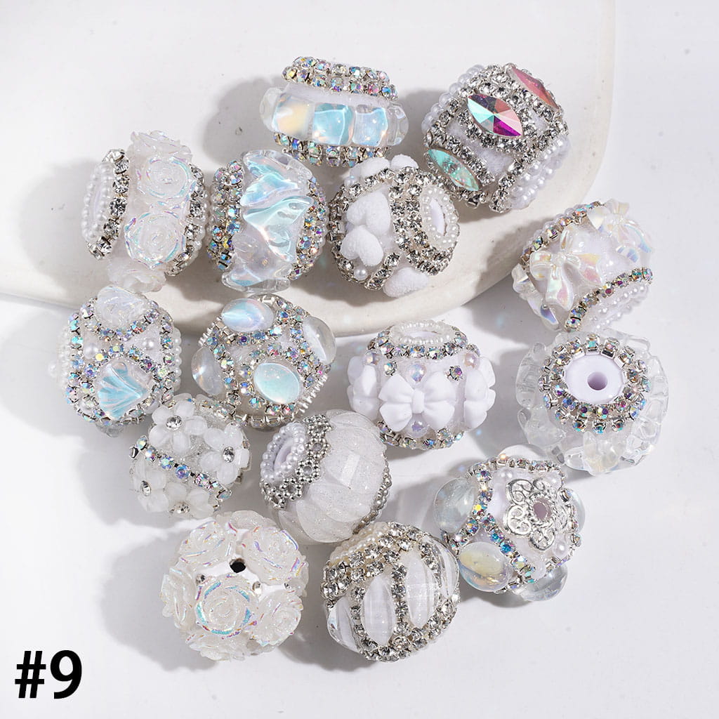 Adorable Sparkling Crystal, Flower and Fluffy Flocked Trim with White Pearls, Clear and AB Rhinestone Chains Handmade Acrylic Beads Series