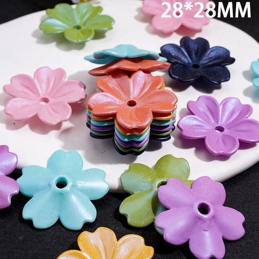 UV Coated Lustrous Pearl Finish Vibrant Flower-Shaped Acrylic Beads 28*28MM, Multi-Color, Random Mix