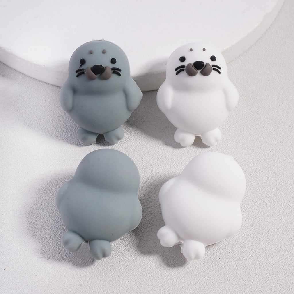 3D Cute Seal Series White & Gray Colors Silicone Focal Beads