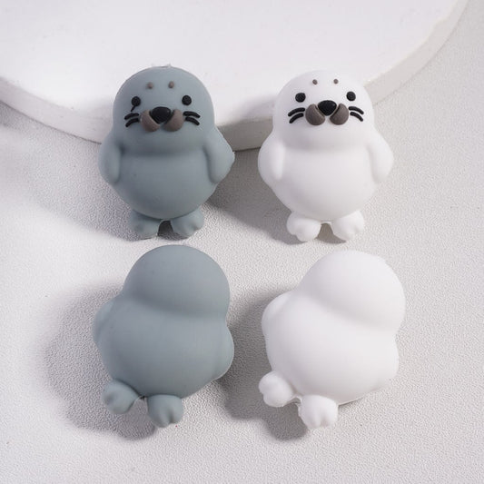 3D Cute Seal Series White & Gray Colors Silicone Focal Beads