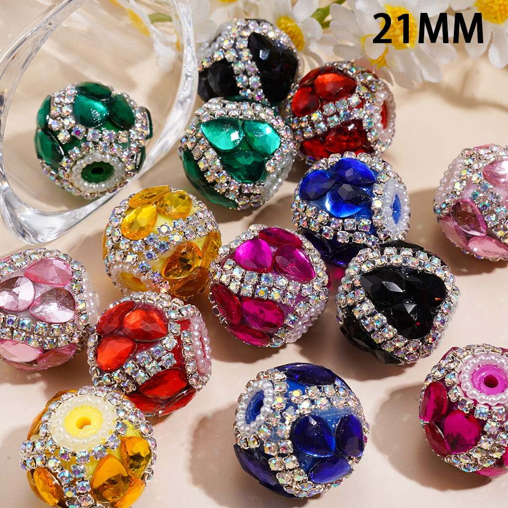 Handcrafted Acrylic Beads w Water Drop Rhinestones, AB Rhinestone and White Pearl Chains, 22MM, Random Mix