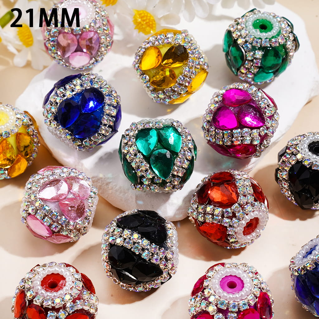 Handcrafted Acrylic Beads w Water Drop Rhinestones, AB Rhinestone and White Pearl Chains, 22MM, Random Mix