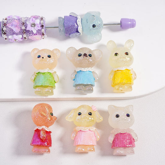 UV Coating Glittery Lace Dress Cute Baby Animal Various Styles, Acrylic Beads Random Mix