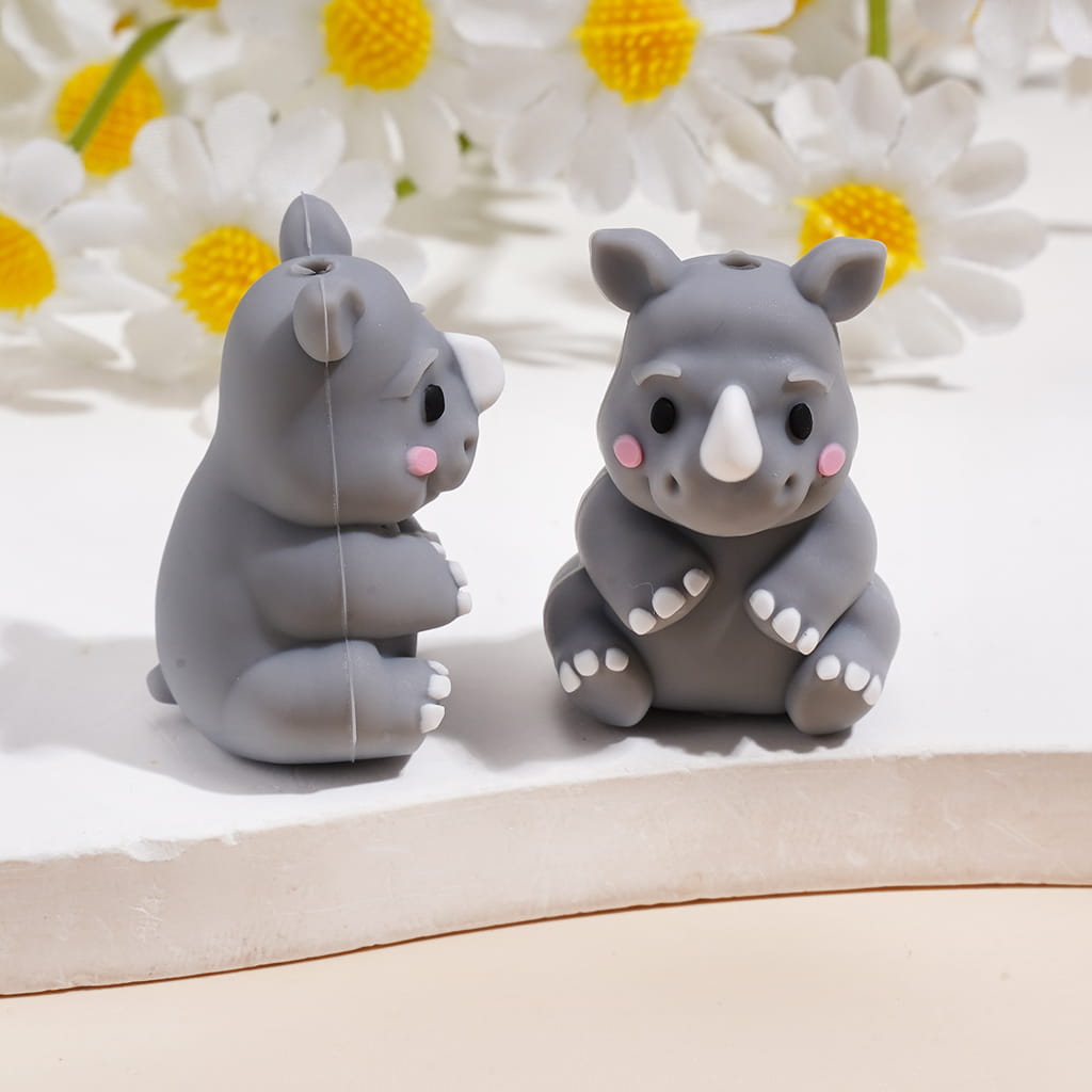 Silicone Focal Beads 3D Cute Rhinoceros with White Horn, Multi-Color