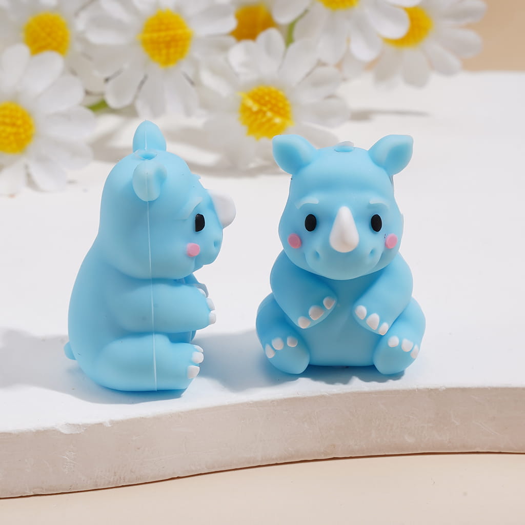 Silicone Focal Beads 3D Cute Rhinoceros with White Horn, Multi-Color