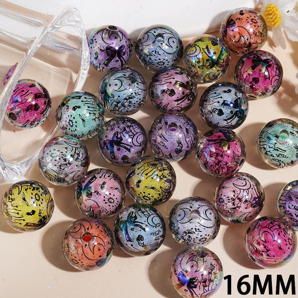 UV-Coated Acrylic Beads for Bracelets with Ball Inside and Hand-Printed Moon Bowtie Flower Star, 16MM Multi-Color Random Mix