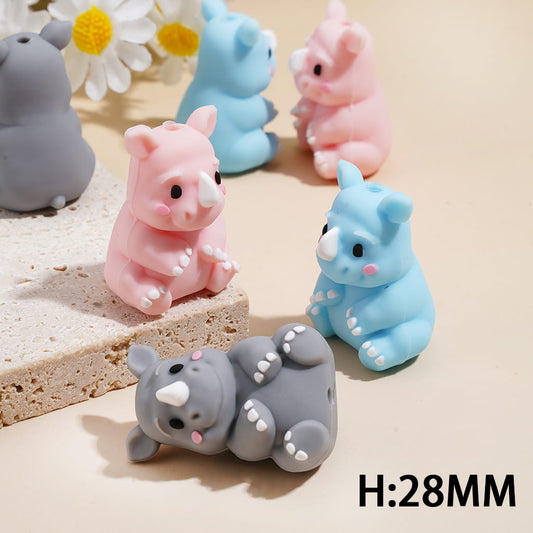 3D Adorable Rhinoceros with White Horn & Claw, Multi-Color Silicone Focal Beads