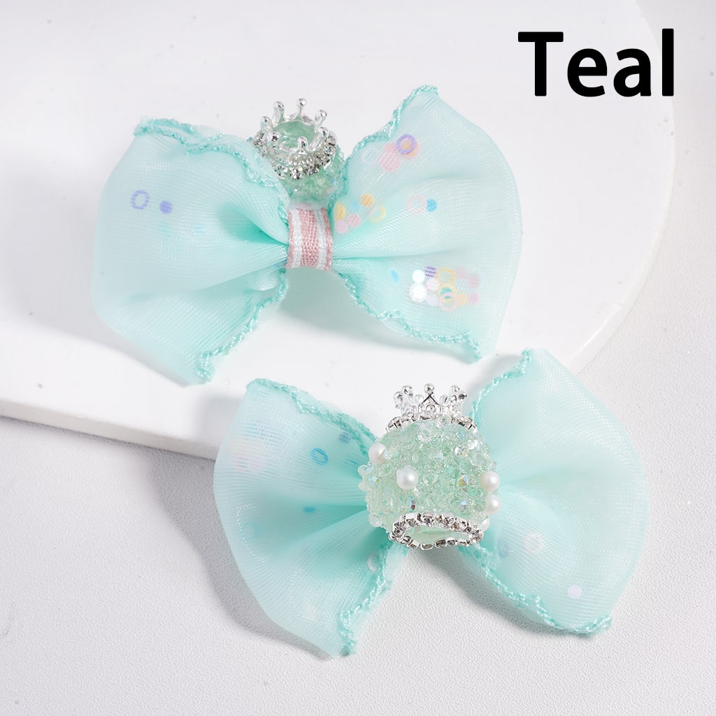 Glitter, Fabric Bowtie Fancy Silver Crown, White Pearls & Shiny Cone Shape Acrylic Sugar Beads with Rhinestones, Random Mix