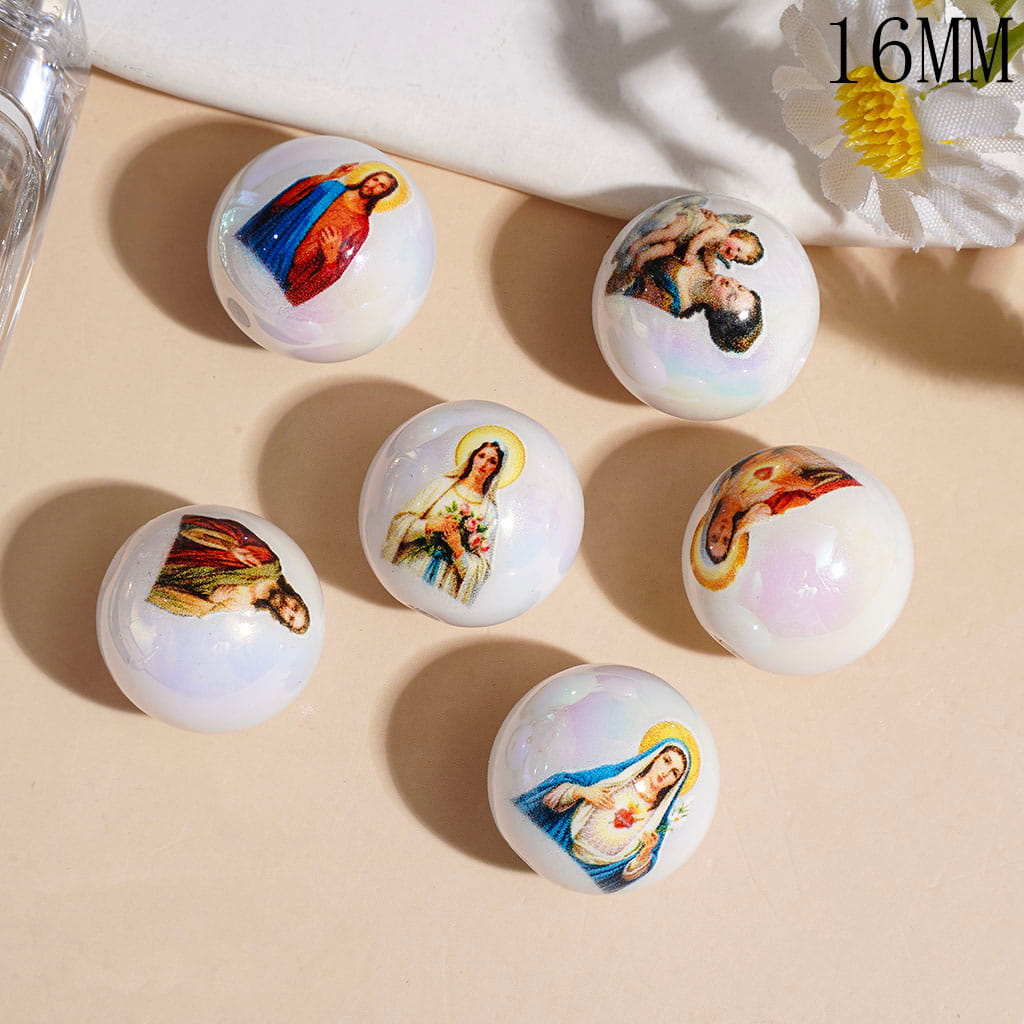 16MM - Acrylic Beads for Bracelets & Necklace UV Coating with Christianity Jesus Mary Series Prints, Random Mix