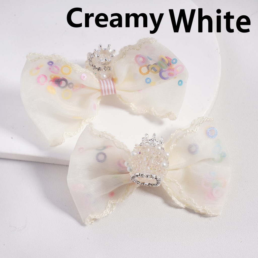 Glitter, Fabric Bowtie Fancy Silver Crown, White Pearls & Shiny Cone Shape Acrylic Sugar Beads with Rhinestones, Random Mix