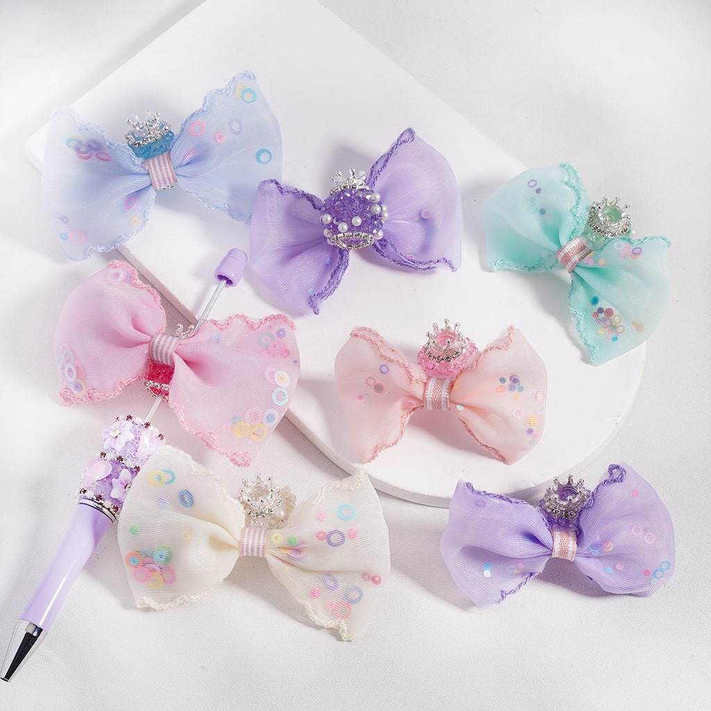 Glitter, Fabric Bowtie Fancy Silver Crown, White Pearls & Shiny Cone Shape Acrylic Sugar Beads with Rhinestones, Random Mix