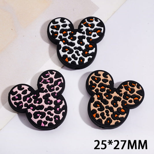 Adorable Mouse Head Series with Leopard Print Silicone Focal Beads, Various Colors