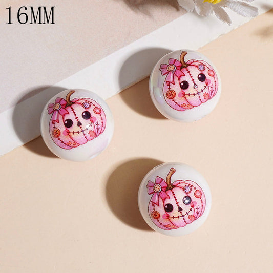 Cute Bow & Stitch Pink Pumpkin Character Print, Halloween Theme, White Pearl Acrylic Beads, 16MM, Multi-Color Random Mix