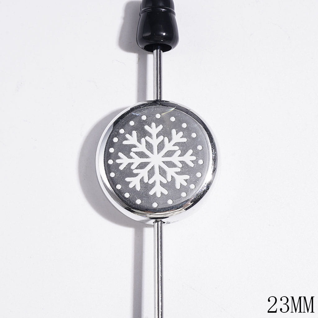 Winter Snowflake Pattern Metallic-Finish Flat Round Acrylic Beads, 16MM, Multi-Color, Random Mix
