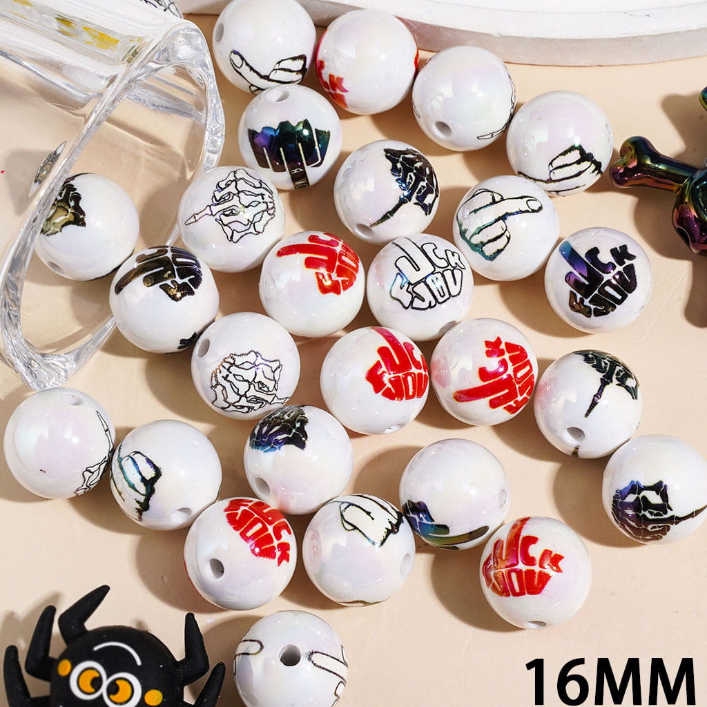 UV-Coated Acrylic Beads for Bracelets with Red Black Humor Gesture and Text Prints, 16MM Random Mix