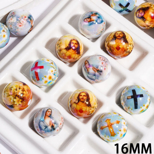 UV-Coated Religious Symbol Acrylic Beads for Bracelets, Cross, Jesus & Virgin Mary Designs, 16MM, Random Mix