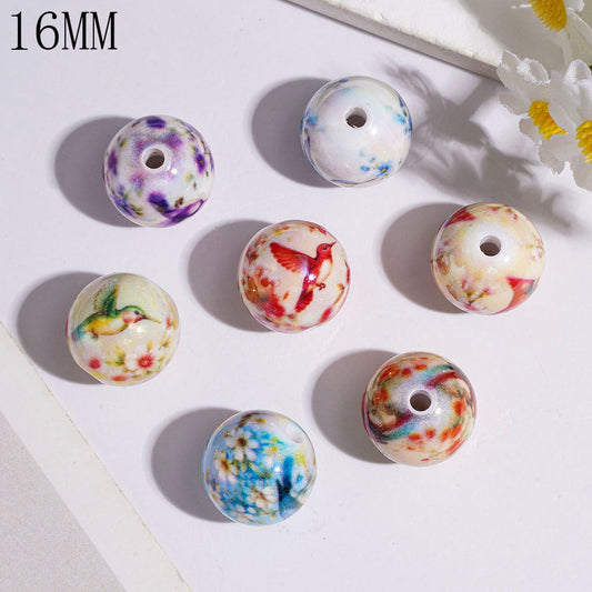 UV-Coated Flower & Hummingbird Print Round Acrylic Beads for Bracelets & Necklaces, 16MM, Multi-Color Random Mix