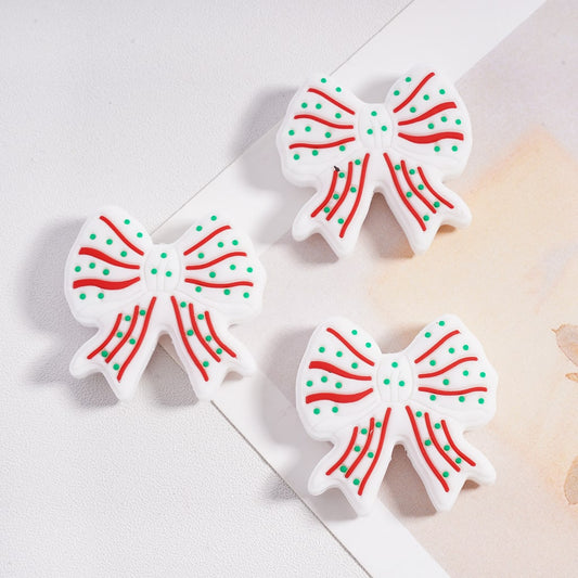 White Cute Bowtie with Red Stripes & Green Dots Christmas Theme Silicone Focal Beads