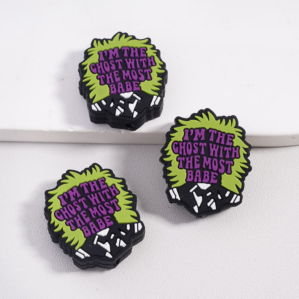 3D I’m the Ghost with the Most, Babe Green Haired Character, Halloween Style Black Silicone Focal Beads