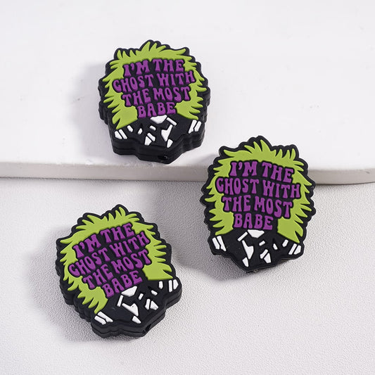 3D I’m the Ghost with the Most, Babe Green Haired Character, Halloween Style Black Silicone Focal Beads