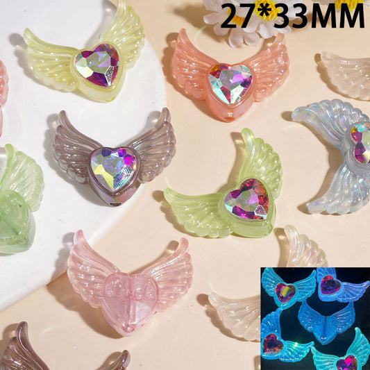 Luminous UV-Coated Angel Wing Acrylic Beads with Heart-Shaped AB Rhinestone, 27*33MM, Multi-Color Random Mix