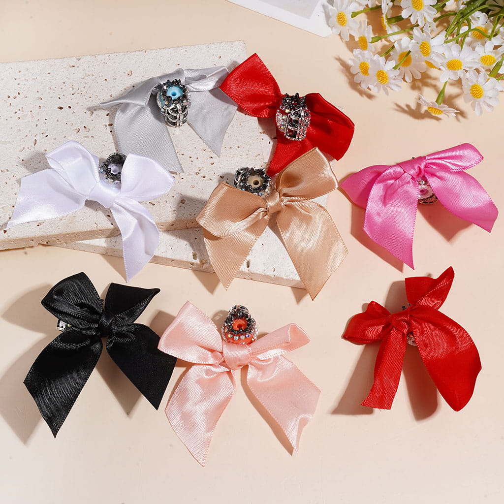 Acrylic Beads with Fabric Bow Metal Butterfly Crown & Birdcage Heart, AB Rhinestone & White Pearl Chains, Random Mix Multi-Color