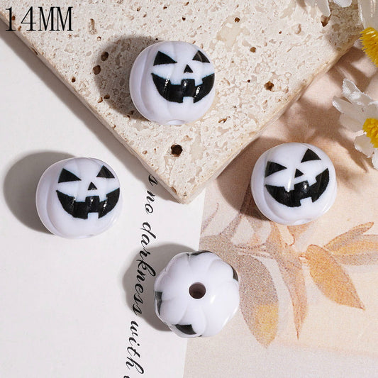 Halloween Pumpkin Face Printed Round White Acrylic Beads, 14MM, Random Mix