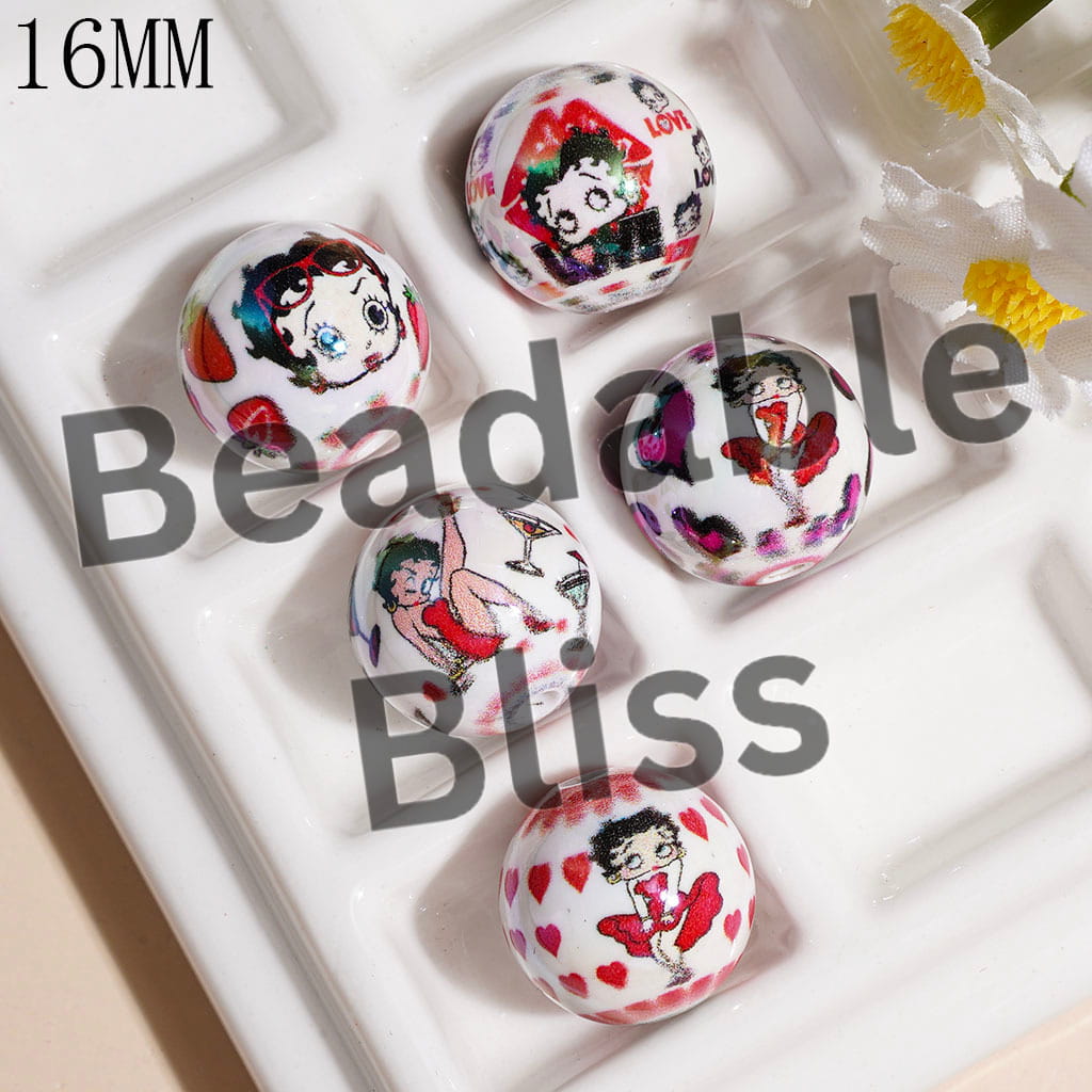 16MM - UV Finish Acrylic Beads for Bracelets and Necklace, Old Girl Character Heart Strawberry in Sweet Style, Random Mix