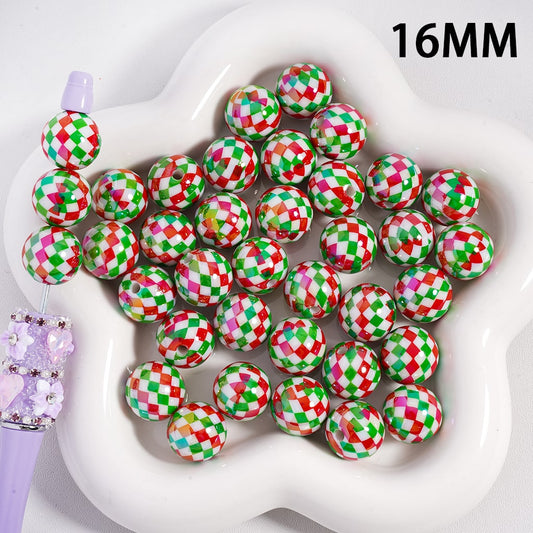 UV-Coated Christmas Thame Red, Green & White Checkered Round Acrylic Beads 16MM