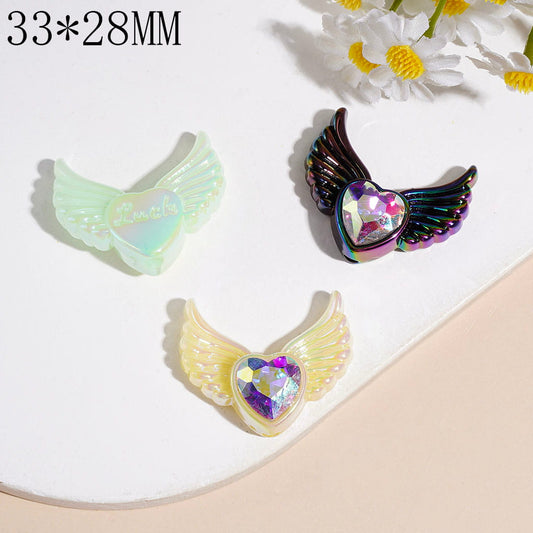 Dreamy Iridescent Angel Wing Heart Acrylic Beads with Sparkling AB Rhinestone, 33*28MM, Multi-Color Random Mix