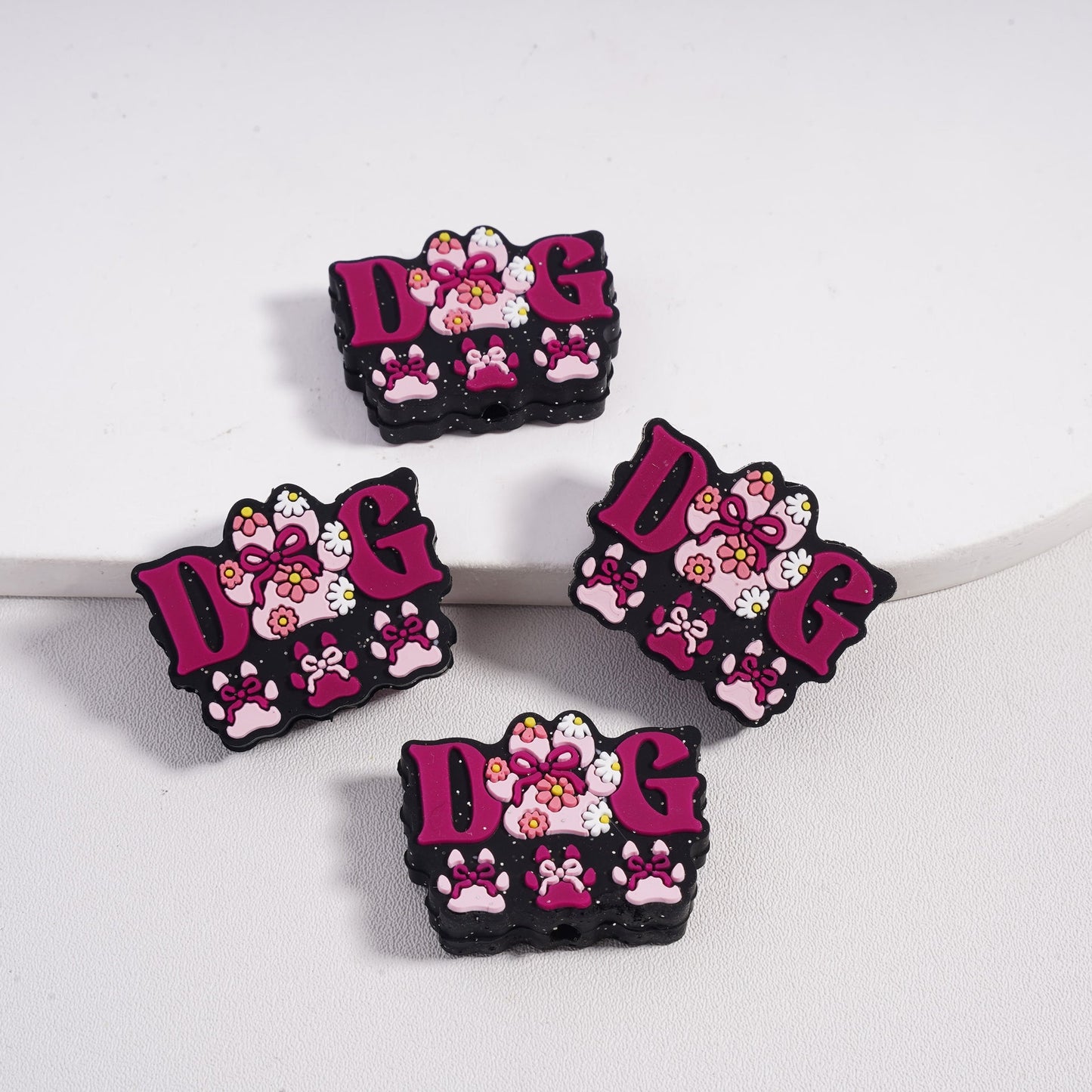 Silver Glitter Flowers, Bowtie & Dog Paw Print Designs Various Colors Silicone Focal Beads
