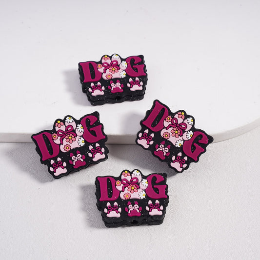Silver Glitter Flowers, Bowtie & Dog Paw Print Designs Various Colors Silicone Focal Beads